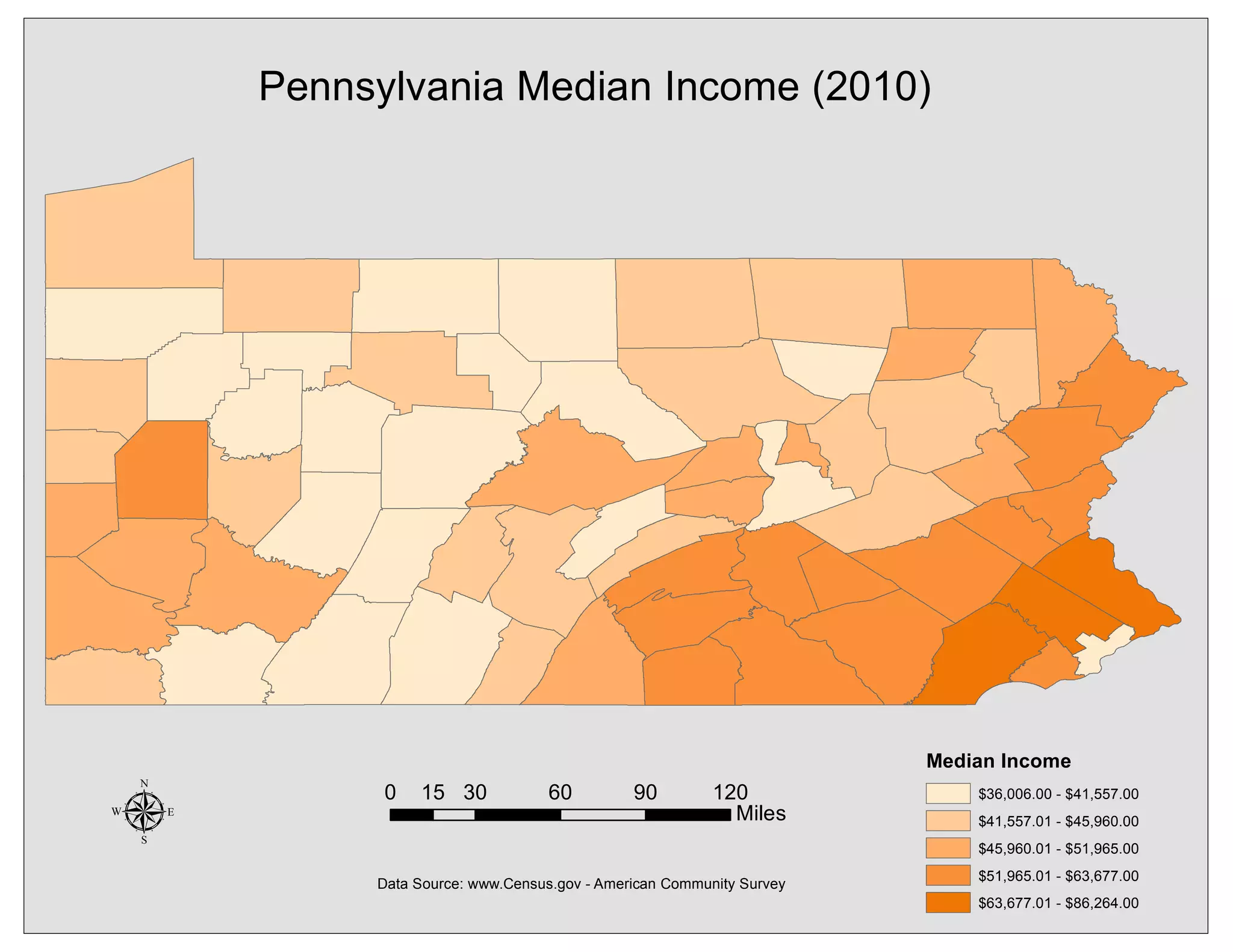 Pennsylvania Median Income (2010)
Median Income
$36,006.00 - $41,557.00
$41,557.01 - $45,960.00
$45,960.01 - $51,965.00
$51,965.01 - $63,677.00
$63,677.01 - $86,264.00
µ Data Source: www.Census.gov - American Community Survey
0 30 60 90 12015
Miles
 
