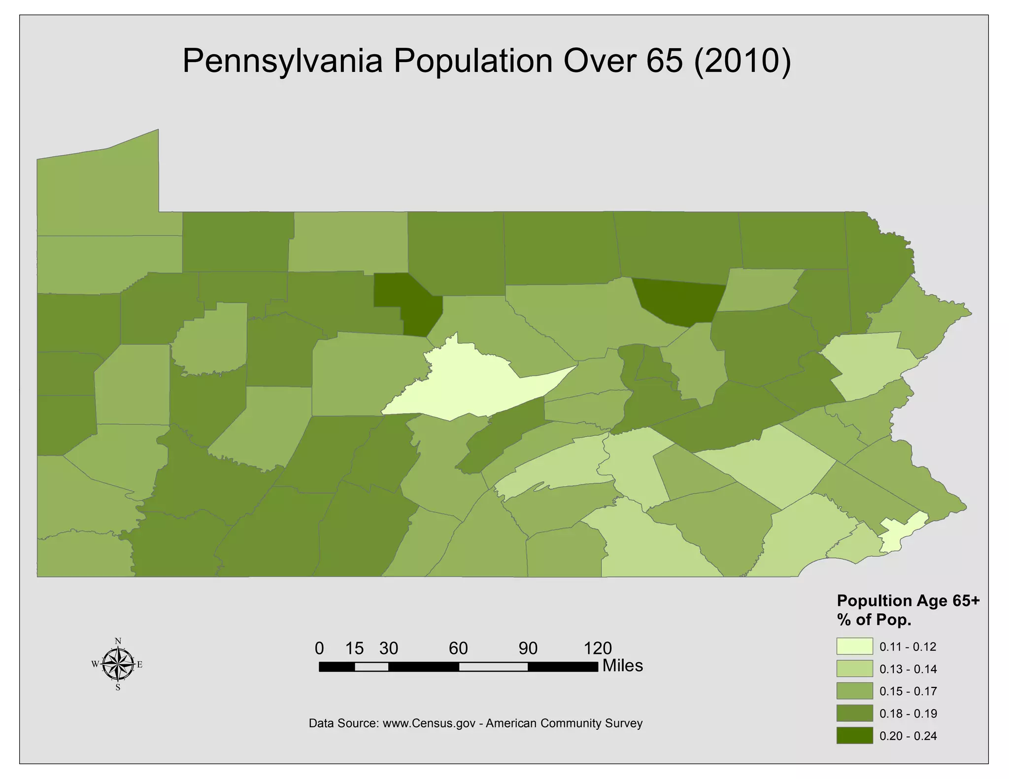 Pennsylvania Population Over 65 (2010)
Popultion Age 65+
% of Pop.
0.11 - 0.12
0.13 - 0.14
0.15 - 0.17
0.18 - 0.19
0.20 - 0.24
µ Data Source: www.Census.gov - American Community Survey
0 30 60 90 12015
Miles
 