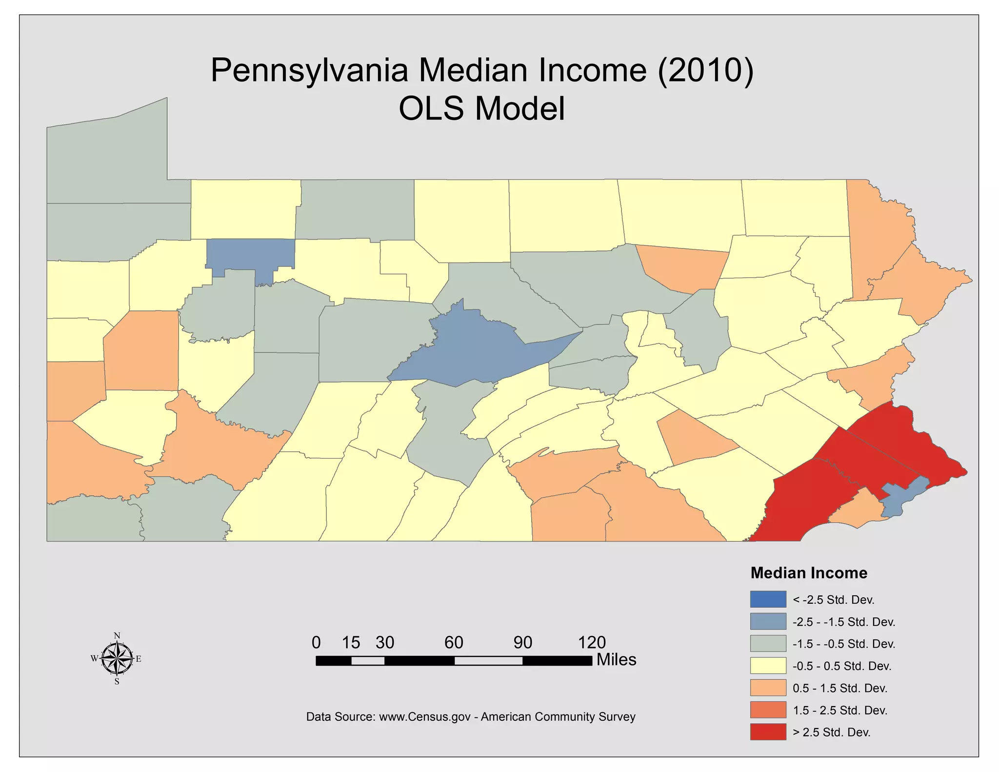 Pennsylvania Median Income (2010)
OLS Model
Median Income
< -2.5 Std. Dev.
-2.5 - -1.5 Std. Dev.
-1.5 - -0.5 Std. Dev.
-0.5 - 0.5 Std. Dev.
0.5 - 1.5 Std. Dev.
1.5 - 2.5 Std. Dev.
> 2.5 Std. Dev.
µ Data Source: www.Census.gov - American Community Survey
0 30 60 90 12015
Miles
 