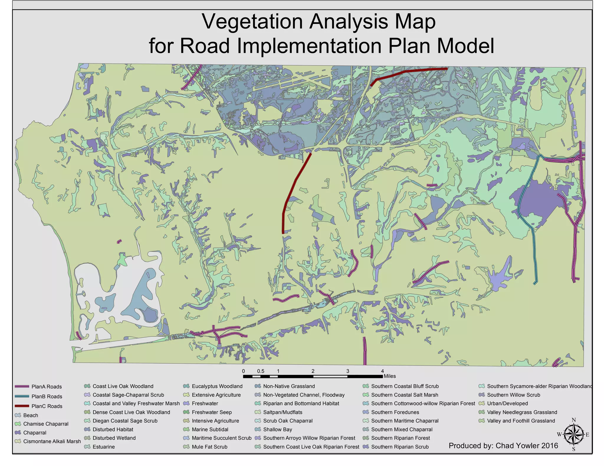 PlanA Roads
PlanB Roads
PlanC Roads
Beach
Chamise Chaparral
Chaparral
Cismontane Alkali Marsh
Coast Live Oak Woodland
Coastal Sage-Chaparral Scrub
Coastal and Valley Freshwater Marsh
Dense Coast Live Oak Woodland
Diegan Coastal Sage Scrub
Disturbed Habitat
Disturbed Wetland
Estuarine
Eucalyptus Woodland
Extensive Agriculture
Freshwater
Freshwater Seep
Intensive Agriculture
Marine Subtidal
Maritime Succulent Scrub
Mule Fat Scrub
Non-Native Grassland
Non-Vegetated Channel, Floodway
Riparian and Bottomland Habitat
Saltpan/Mudflats
Scrub Oak Chaparral
Shallow Bay
Southern Arroyo Willow Riparian Forest
Southern Coast Live Oak Riparian Forest
Southern Coastal Bluff Scrub
Southern Coastal Salt Marsh
Southern Cottonwood-willow Riparian Forest
Southern Foredunes
Southern Maritime Chaparral
Southern Mixed Chaparral
Southern Riparian Forest
Southern Riparian Scrub
Southern Sycamore-alder Riparian Woodland
Southern Willow Scrub
Urban/Developed
Valley Needlegrass Grassland
Valley and Foothill Grassland
µProduced by: Chad Yowler 2016
0 1 2 3 40.5
Miles
Vegetation Analysis Map
for Road Implementation Plan Model
 