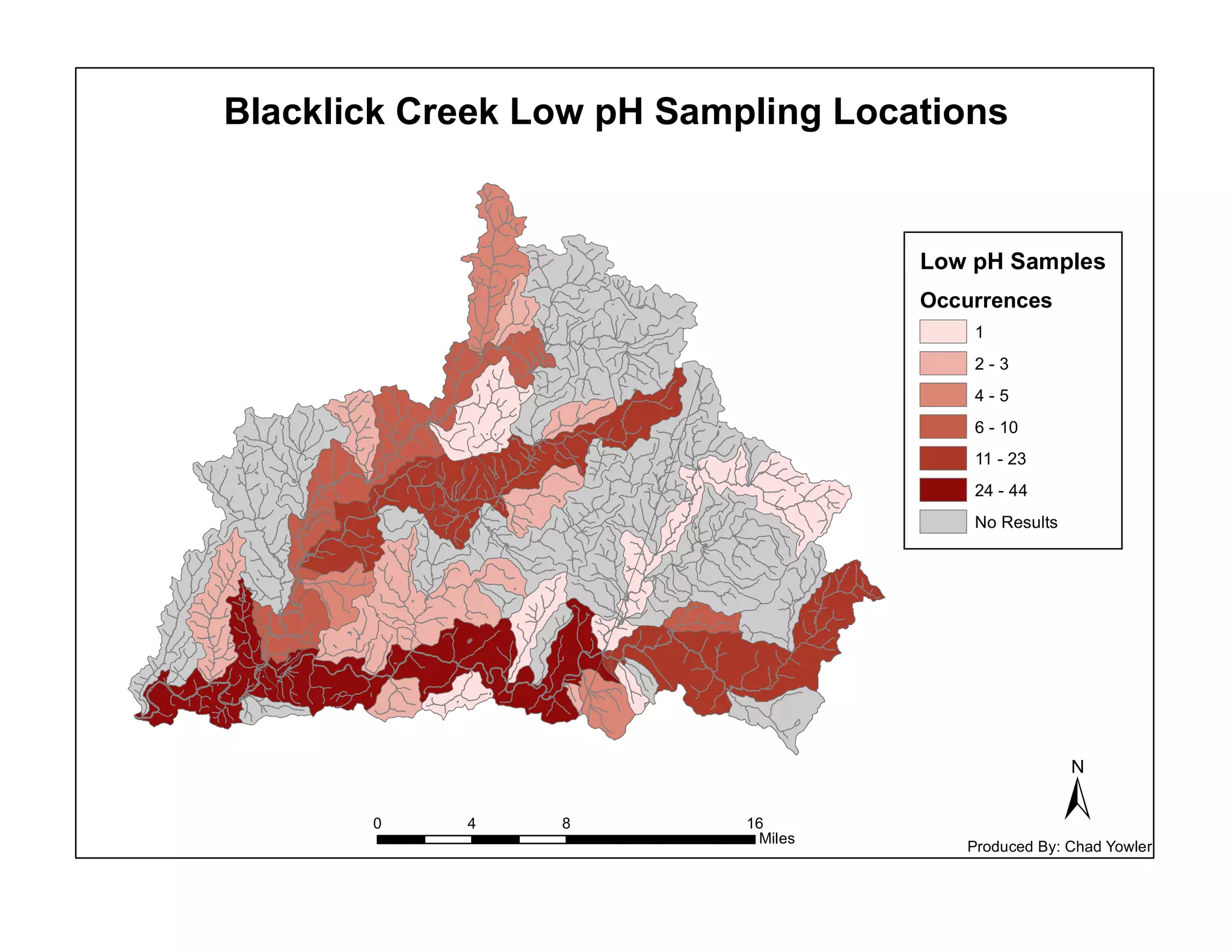 Low pH Samples
Occurrences
1
2 - 3
4 - 5
6 - 10
11 - 23
24 - 44
No Results
Blacklick Creek Low pH Sampling Locations
±0 8 164
Miles
Produced By: Chad Yowler
 