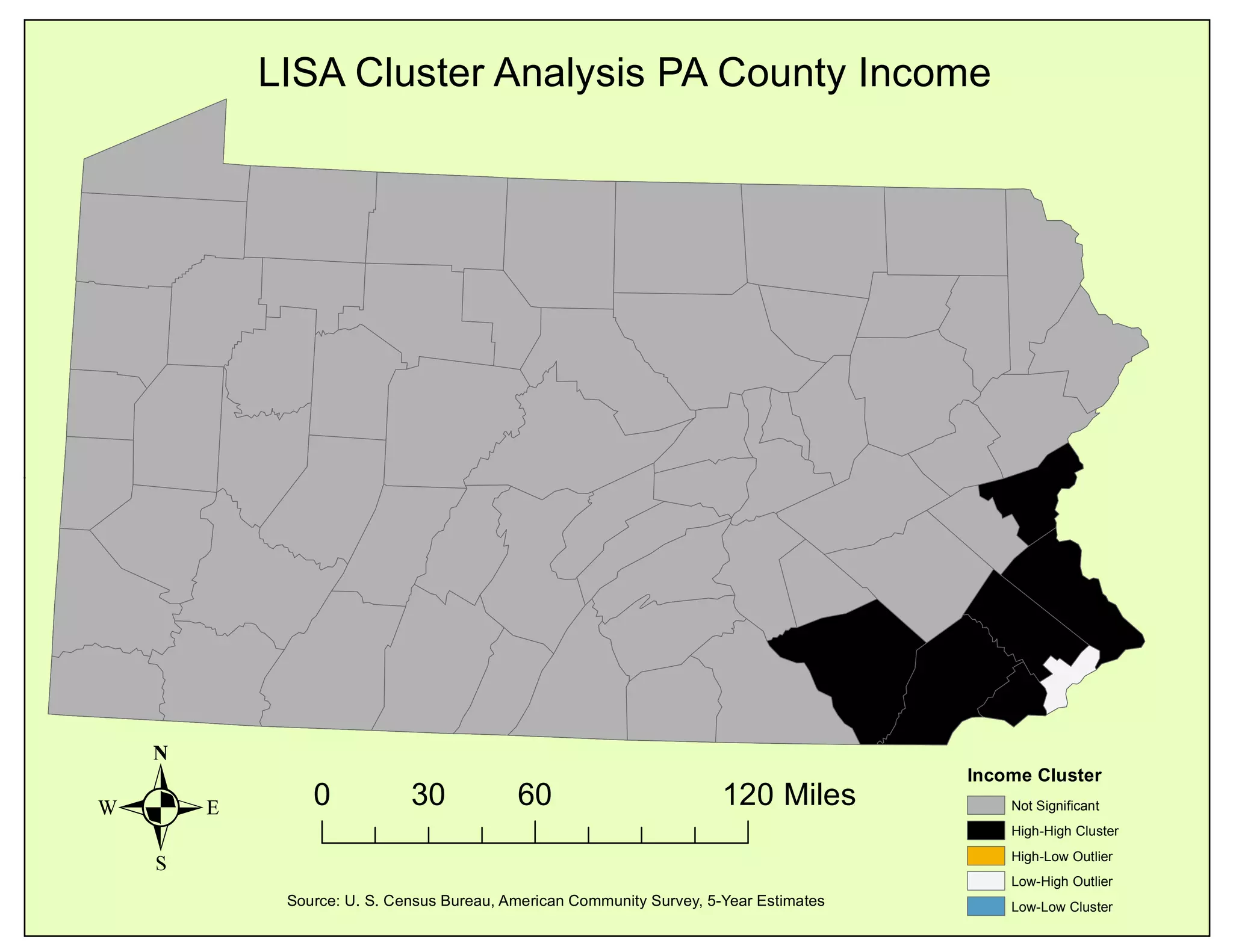 LISA Cluster Analysis PA County Income
Income Cluster
Not Significant
High-High Cluster
High-Low Outlier
Low-High Outlier
Low-Low Cluster
. 0 60 12030 Miles
Source: U. S. Census Bureau, American Community Survey, 5-Year Estimates
 