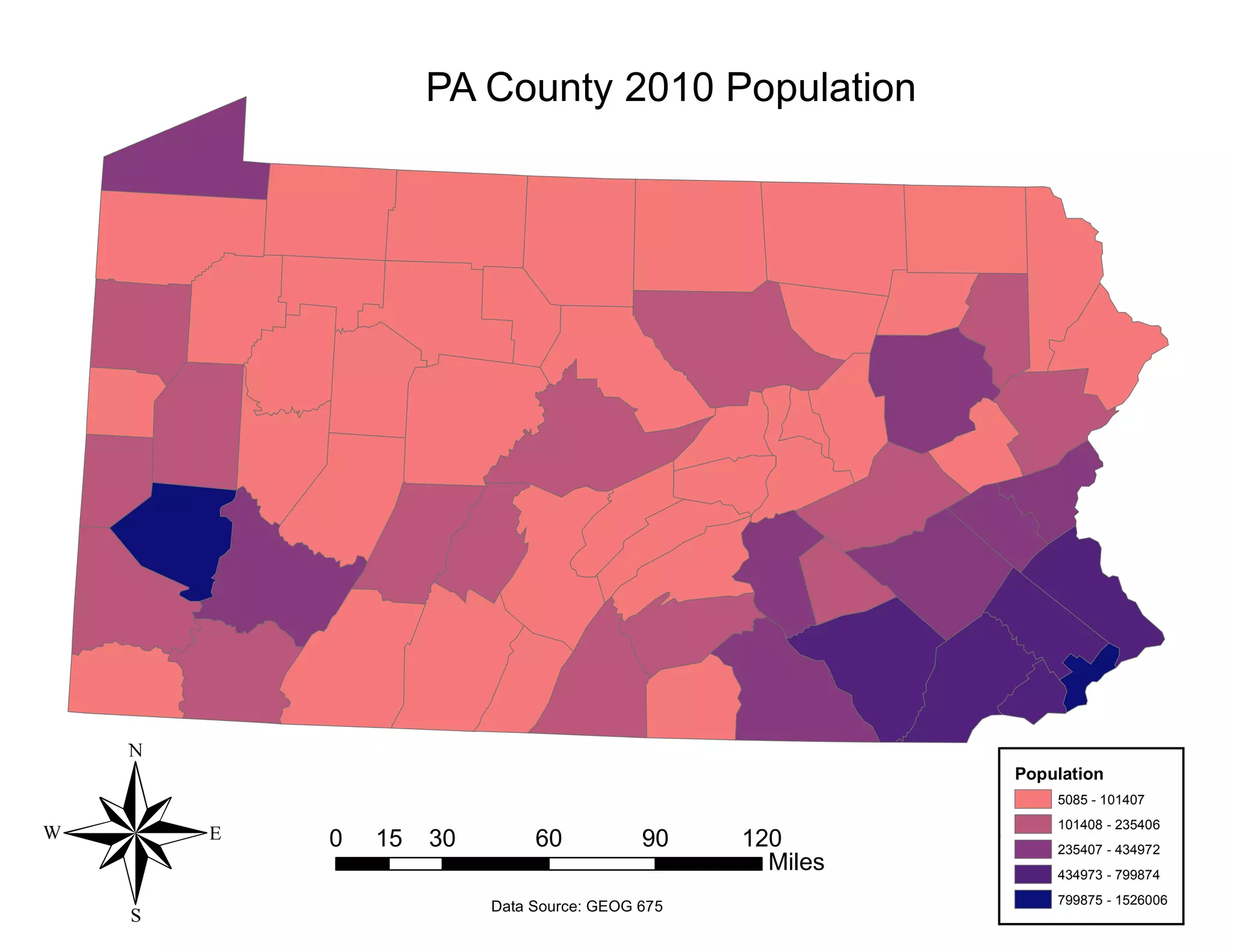 PA County 2010 Population
Population
5085 - 101407
101408 - 235406
235407 - 434972
434973 - 799874
799875 - 1526006
® 0 30 60 90 12015
Miles
Data Source: GEOG 675
 