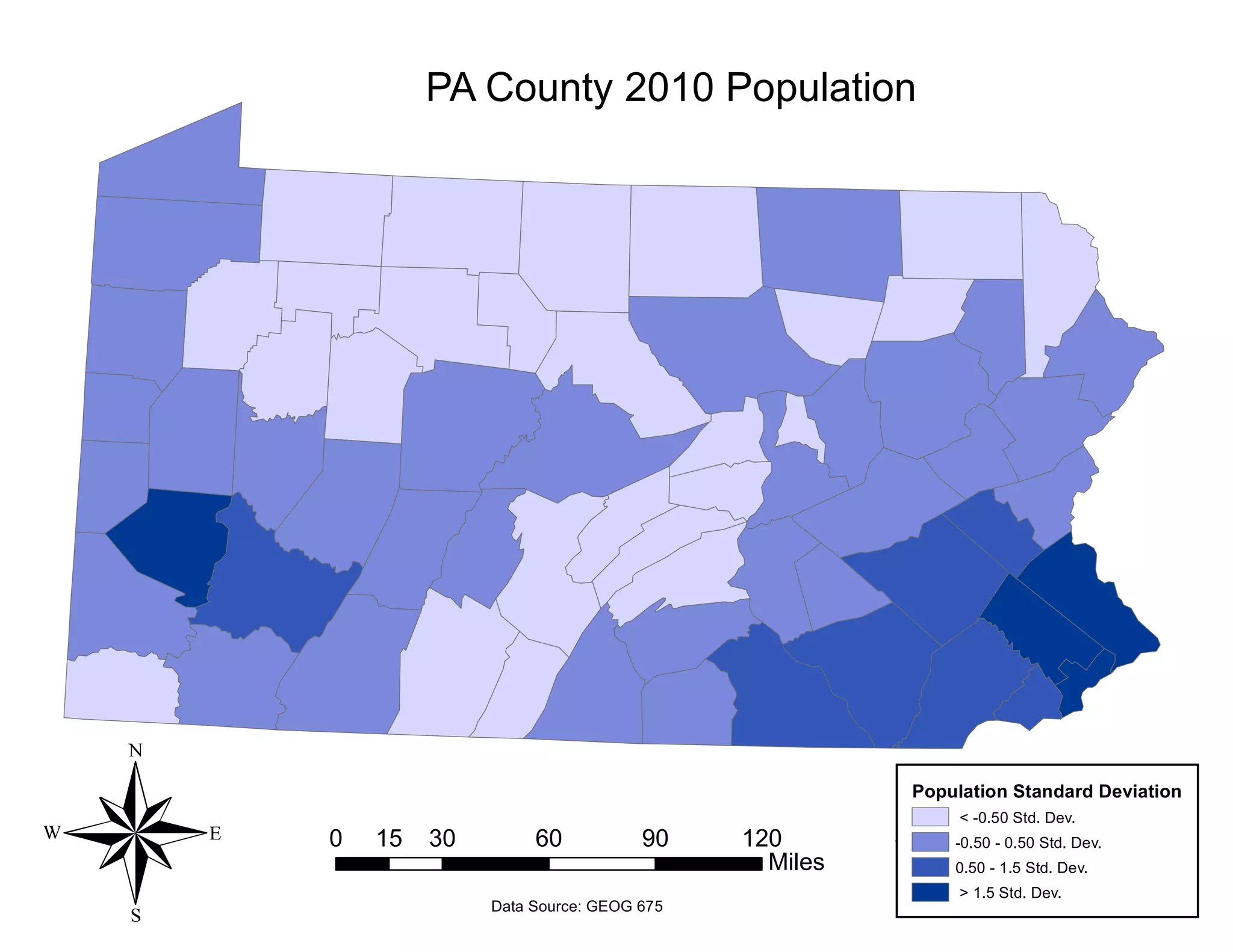 PA County 2010 Population
Population Standard Deviation
< -0.50 Std. Dev.
-0.50 - 0.50 Std. Dev.
0.50 - 1.5 Std. Dev.
> 1.5 Std. Dev.
® 0 30 60 90 12015
Miles
Data Source: GEOG 675
 