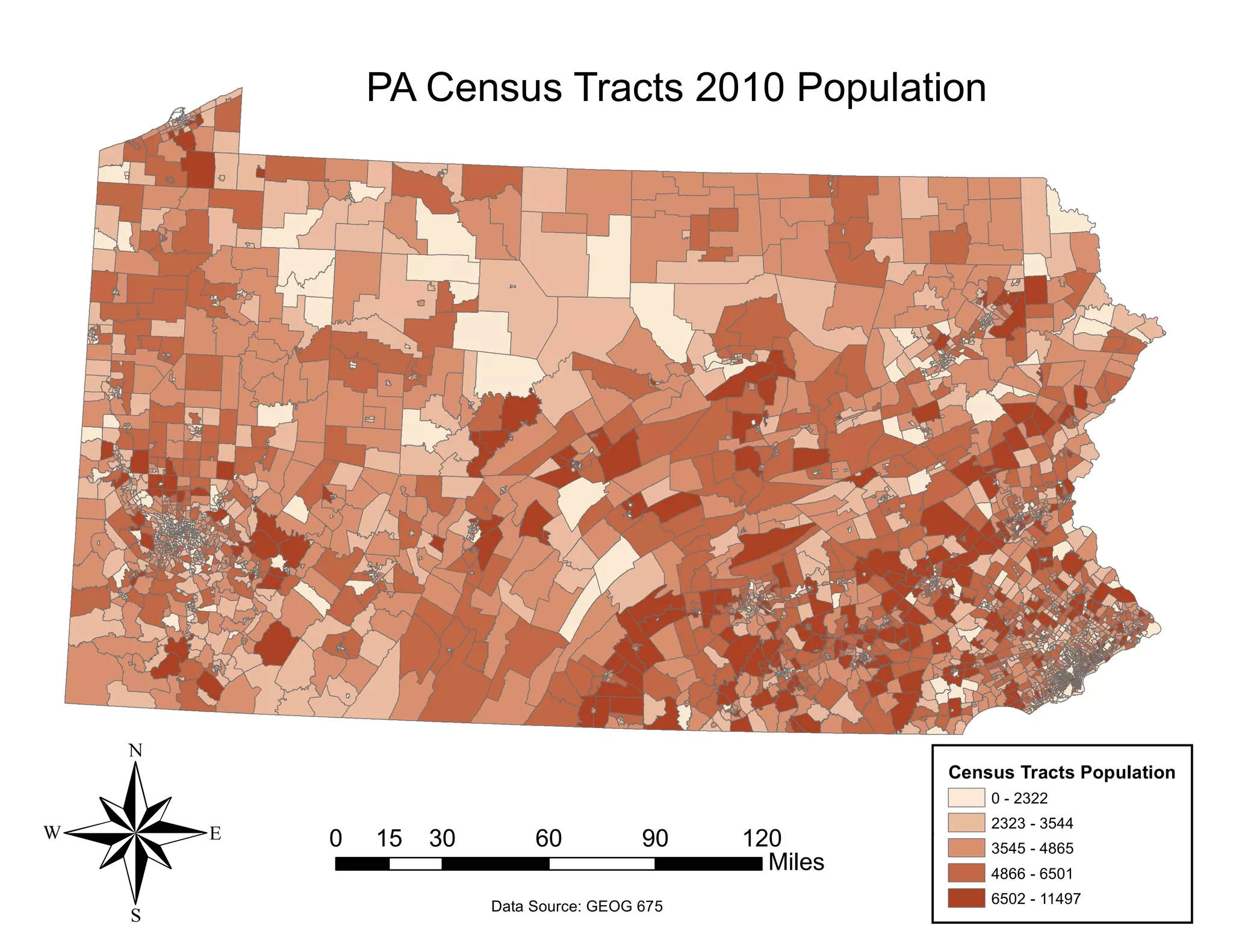 PA Census Tracts 2010 Population
Census Tracts Population
0 - 2322
2323 - 3544
3545 - 4865
4866 - 6501
6502 - 11497
® 0 30 60 90 12015
Miles
Data Source: GEOG 675
 