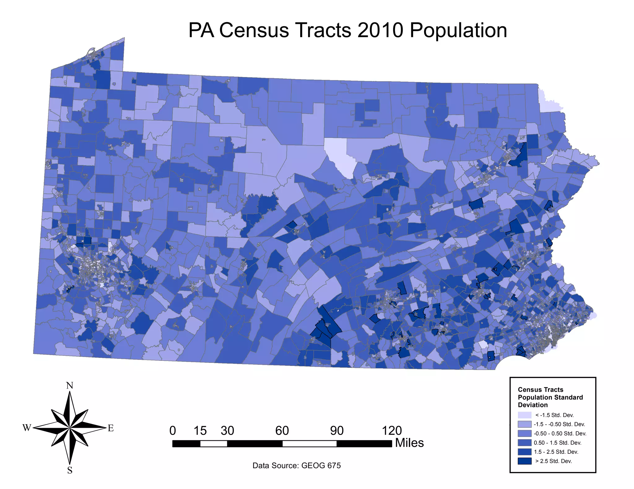 PA Census Tracts 2010 Population
Census Tracts
Population Standard
Deviation
< -1.5 Std. Dev.
-1.5 - -0.50 Std. Dev.
-0.50 - 0.50 Std. Dev.
0.50 - 1.5 Std. Dev.
1.5 - 2.5 Std. Dev.
> 2.5 Std. Dev.
® 0 30 60 90 12015
Miles
Data Source: GEOG 675
 
