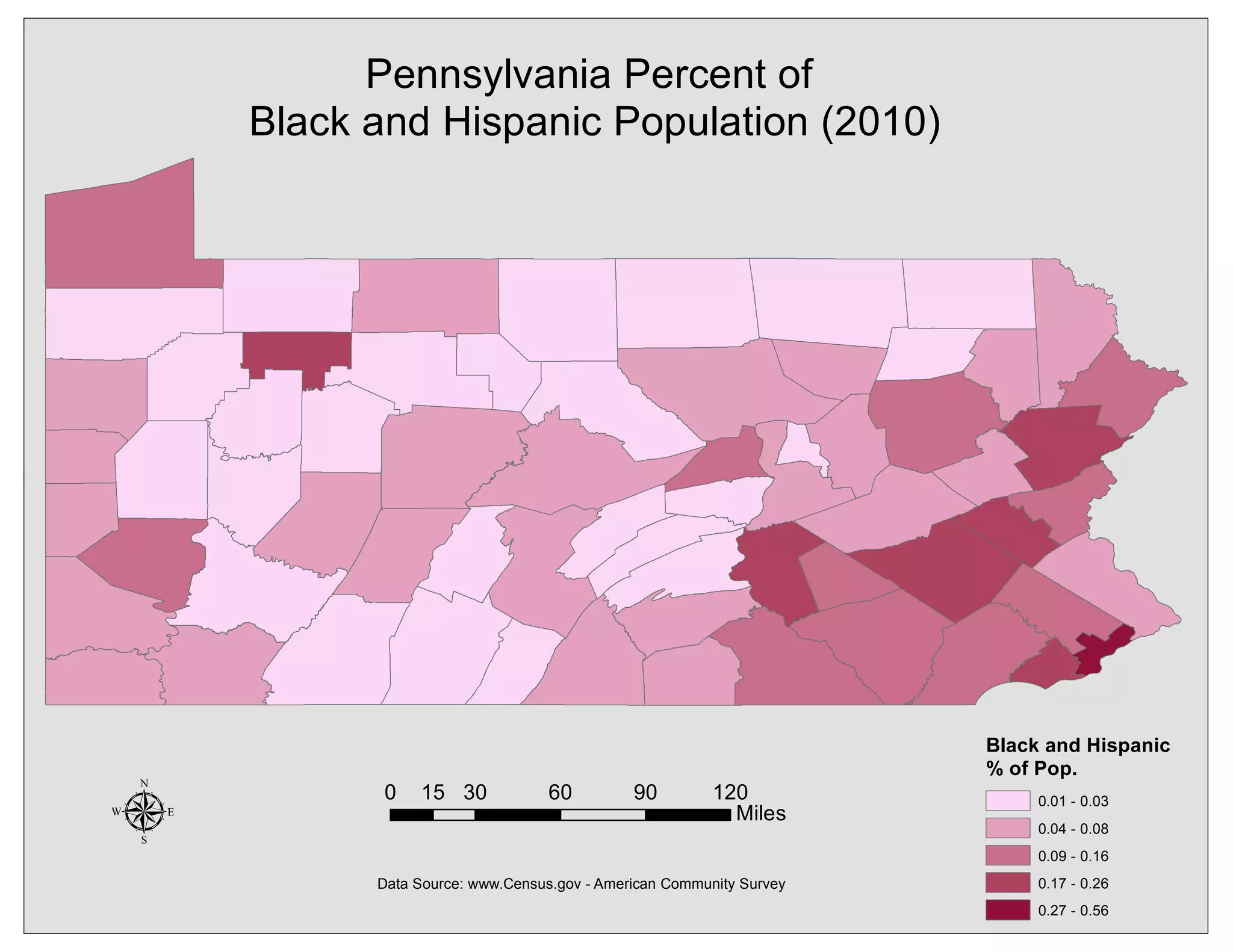 Pennsylvania Percent of
Black and Hispanic Population (2010)
Black and Hispanic
% of Pop.
0.01 - 0.03
0.04 - 0.08
0.09 - 0.16
0.17 - 0.26
0.27 - 0.56
µ Data Source: www.Census.gov - American Community Survey
0 30 60 90 12015
Miles
 