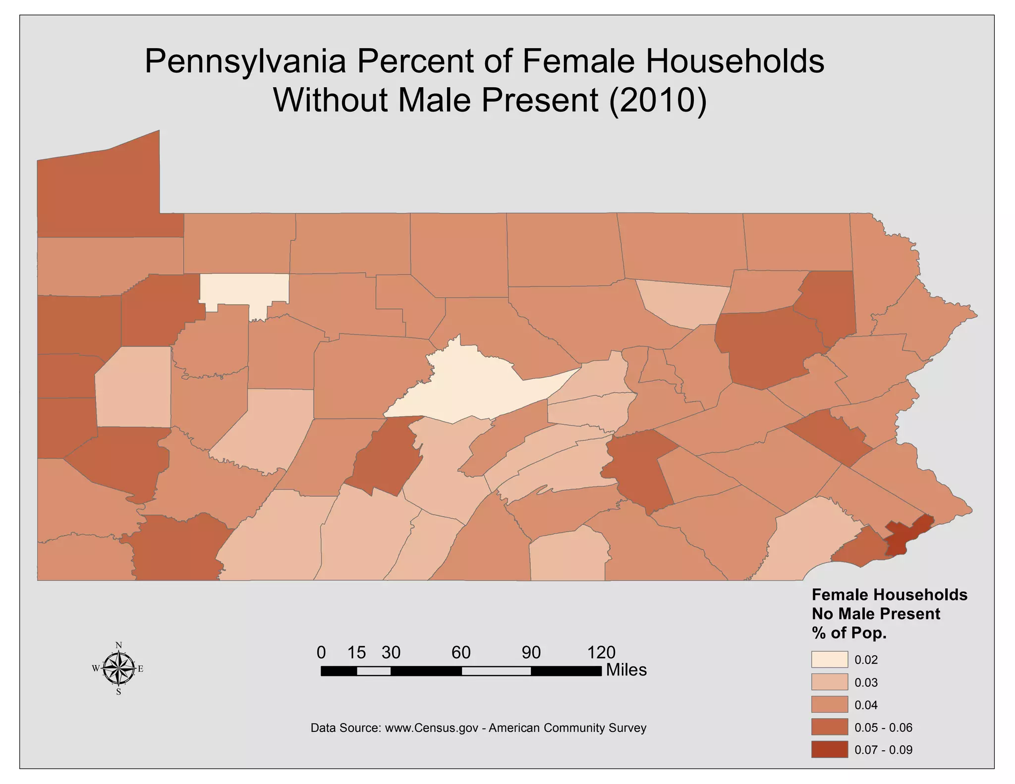 Pennsylvania Percent of Female Households
Without Male Present (2010)
Female Households
No Male Present
% of Pop.
0.02
0.03
0.04
0.05 - 0.06
0.07 - 0.09
µ Data Source: www.Census.gov - American Community Survey
0 30 60 90 12015
Miles
 