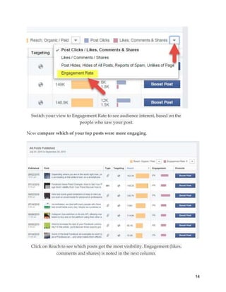 14
Switch your view to Engagement Rate to see audience interest, based on the
people who saw your post.
Now compare which of your top posts were more engaging.
Click on Reach to see which posts got the most visibility. Engagement (likes,
comments and shares) is noted in the next column.
 