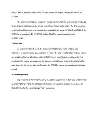 rate (SCFM) to liquid flow rate (GPM). For both air and natural gas stripping this ratio is 4.0
SCF/gal.
The optimum method can be seen by comparing the EAOC for each method. The EAOC
for air stripping also factors in the annual cost of fines that will be leveled by the EPA for going
over the allowable amount of ammonia in the released air. As shown in Table 5 and Table 6, the
EAOC for air stripping is $1,199,876.69 and the EAOC for natural gas stripping is
$1,130,010.41.
Conclusions
As shown in Tables 5 and 6, the optimum method for sour water stripping was
determined to be with natural gas. As shown in Table 7 the best overall method is to use natural
gas stripping while using the clean water for boiler feed in order to save on utility costs. This
conclusion that natural gas stripping is the optimum method based on current market price for
natural gas. As the market price can fluctuate, the EAOC for natural gas stripping can fluctuate
as well.
Acknowledgements
We would like to thank the University of Alabama Department of Biological and Chemical
Engineering for providing the facilities in which this work was done. We also like to thank Dr.
Sadeddin Kherfan for providing supervisory assistance.
 