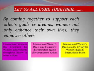 LET US ALL COME TOGETHER……..
By coming together to support each
other’s goals & dreams, women not
only enhance their own lives, they
empower others.
International Women’s
Day is aimed to remove
discrimination against
all women across nations
International Women’s
Day is also the UN day for
Women’s Right &
International Peace
International Women’s
Day Celebrated for
Women’s achievements
throughout history &
across nations.
 