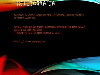 BIBLIOGRAFIA
Manual 6º ano Ciências da Natureza- Osório Matias
e Pedro Martins.
http://nonio.ese.ipsantarem.pt/avejicc/file.php/223/
CN/2013-2014/Guiao__Trabalho_de_grupo_Tema_2_.pdf
https://www.google.pt

 