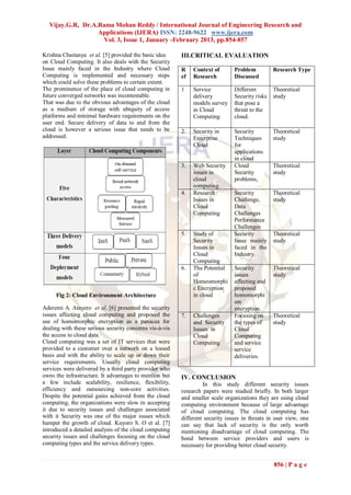 Vijay.G.R, Dr.A.Rama Mohan Reddy / International Journal of Engineering Research and
                  Applications (IJERA) ISSN: 2248-9622 www.ijera.com
                   Vol. 3, Issue 1, January -February 2013, pp.854-857

Krishna Chaitanya et al. [5] provided the basic idea     III.CRITICAL EVALUATION
on Cloud Computing. It also deals with the Security
Issue mainly faced in the Industry where Cloud           R    Context of       Problem          Research Type
Computing is implemented and necessary steps             ef   Research         Discussed
which could solve these problems to certain extent.
The prominence of the place of cloud computing in        1    Service          Different        Theoretical
future converged networks was incontestable.                  delivery         Security risks   study
That was due to the obvious advantages of the cloud           models survey    that pose a
as a medium of storage with ubiquity of access                in Cloud         threat to the
platforms and minimal hardware requirements on the            Computing        cloud.
user end. Secure delivery of data to and from the
cloud is however a serious issue that needs to be        2.   Security in      Security         Theoretical
addressed.                                                    Enterprise       Techniques       study
                                                              Cloud            for
                                                                               applications
                                                                               in cloud
                                                         3.   Web Security     Cloud            Theoretical
                                                              issues in        Security         study
                                                              cloud            problems,
                                                              computing.
                                                         4.   Research         Security         Theoretical
                                                              Issues in        Challenge,       study
                                                              Cloud            Data
                                                              Computing        Challenges
                                                                               Performance
                                                                               Challenges
                                                         5.   Study of         Security         Theoretical
                                                              Security         Issue mainly     study
                                                              Issues in        faced in the
                                                              Cloud            Industry.
                                                              Computing
                                                         6.   The Potential    Security         Theoretical
                                                              of               issues           study
                                                              Homeomorphi      affecting and
                                                              c Encryption     proposed
     Fig 2: Cloud Environment Architecture                    in cloud         homomorphi
                                                                               sm
Aderemi A. Atayero et al. [6] presented the security                           encryption.
issues affecting cloud computing and proposed the        7.   Challenges       Focusing on      Theoretical
use of homomorphic encryption as a panacea for                and Security     the types of     study
dealing with these serious security concerns vis-à-vis        Issues in        Cloud
the access to cloud data.                                     Cloud            Computing
Cloud computing was a set of IT services that were            Computing        and service
provided to a customer over a network on a leased                              service
basis and with the ability to scale up or down their                           deliveries.
service requirements. Usually cloud computing
services were delivered by a third party provider who
owns the infrastructure. It advantages to mention but    IV. CONCLUSION
a few include scalability, resilience, flexibility,               In this study different security issues
efficiency and outsourcing non-core activities.          research papers were studied briefly. In both larger
Despite the potential gains achieved from the cloud      and smaller scale organizations they are using cloud
computing, the organizations were slow in accepting      computing environment because of large advantage
it due to security issues and challenges associated      of cloud computing. The cloud computing has
with it Security was one of the major issues which       different security issues in threats in user view, one
hamper the growth of cloud. Kuyoro S. O et al. [7]       can say that lack of security is the only worth
introduced a detailed analysis of the cloud computing    mentioning disadvantage of cloud computing. The
security issues and challenges focusing on the cloud     bond between service providers and users is
computing types and the service delivery types.          necessary for providing better cloud security.


                                                                                                856 | P a g e
 