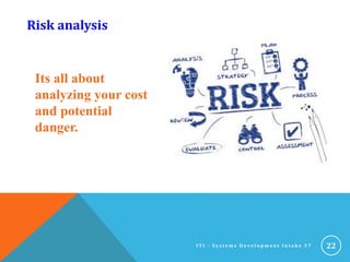 Its all about
analyzing your cost
and potential
danger.
22
Risk analysis
I T I - S y s t e m s D e v e l o p m e n t I n t a k e 3 7
 