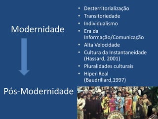 Modernidade
• Desterritorialização
• Transitoriedade
• Individualismo
• Era da
Informação/Comunicação
• Alta Velocidade
• Cultura da Instantaneidade
(Hassard, 2001)
• Pluralidades culturais
• Hiper-Real
(Baudrillard,1997)
Pós-Modernidade
 