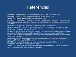 Referências
• BAUMAN, Z. Modernidade Líquida - Jorge Zahar Editora, Rio de Janeiro, 2001
• BAUMAN, Z. Tempos Líquidos Jorge Zahar Editor Rio de Janeiro, 2007
• FREIRE, Jair. O que é pós-moderno, Ed. Brasiliense, 1987
• HASSARD, J. Commodification, Construction and Compression: a Review of Time Metaphors
in Organizational Analysis In: Internacional Journal of Management Reviews, Vol 3, Issue 2,
June 2001
• MORGAN, G. Imagens da Organização , São Paulo ,1996 . Editoria Altas
• Motta, F. P. Controle social nas organizações. Revista de Administração de Empresas. São
Paulo, FGV, 33(5):68-87, set./out. 1993
• MURIEL, W. Marketing De Serviços Educacionais Profissionais: Algumas Reflexões Iniciais Para
Fomentar os Debates Entre os Acadêmicos do MBA em Administração Acadêmica e
Universitária. In: Apostila: Marketing De Serviços Educacionais Profissionais. Belo Horizonte,
2005. Carta Consulta.
• PAES DE PAULA, A.P. Tragtenberg Revisitado: As Inexoráveis Harmonias Administrativas. In:
Enanpad, 24, Florianópolis, 2000. Anais.
• SENNET, R. A corrosão do caráter: as consequências pessoais do trabalho no novo
Capitalismo. 5 ed. Rio de Janeiro: Record, 1999
• TONELLI, M.J. Feitas para não durar: emprego e casamento no final do século. In: Enanpad,
24, Florianópolis, 2000. Anais, (CD-Rom). ARH 1097
 