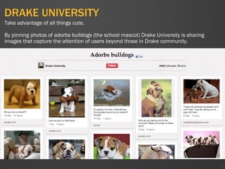 DRAKE UNIVERSITY
46
Take advantage of all things cute.
By pinning photos of adorbs bulldogs (the school mascot) Drake University is sharing
images that capture the attention of users beyond those in Drake community.
 