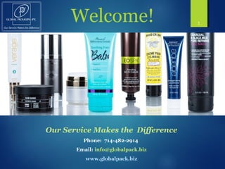Welcome! 1
Our Service Makes the Difference
Phone: 714-482-2914
Email: info@globalpack.biz
www.globalpack.biz
 