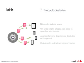 Execuçãodostestes
© deviceLab, todos os direitos reservados
3.
Número ilimitado de scripts
Um único script é utilizado para todos os
aparelhos selecionados
Acompanhamento do progresso dos testes
em tempo real
Os testes são realizados em aparelhos reais
 