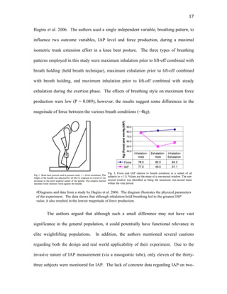   17	
  
Hagins et al. 2006. The authors used a single independent variable, breathing pattern, to
influence two outcome variables, IAP level and force production, during a maximal
isometric trunk extension effort in a knee bent posture. The three types of breathing
patterns employed in this study were maximum inhalation prior to lift-off combined with
breath holding (held breath technique), maximum exhalation prior to lift-off combined
with breath holding, and maximum inhalation prior to lift-off combined with steady
exhalation during the exertion phase. The effects of breathing style on maximum force
production were low (P = 0.089); however, the results suggest some differences in the
magnitude of force between the various breath conditions (~4kg).
The authors argued that although such a small difference may not have vast
significance in the general population, it could potentially have functional relevance in
elite weightlifting populations. In addition, the authors mentioned several cautions
regarding both the design and real world applicability of their experiment. Due to the
invasive nature of IAP measurement (via a nasogastric tube), only eleven of the thirty-
three subjects were monitored for IAP. The lack of concrete data regarding IAP on two-
#Diagrams and data from a study by Hagins et al. 2006. The diagram illustrates the physical parameters
of the experiment. The data shows that although inhalation-hold breathing led to the greatest IAP
value, it also resulted in the lowest magnitude of force production.
 
