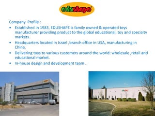 Company Profile :
• Established in 1983, EDUSHAPE is family owned & operated toys
manufacturer providing product to the global educational, toy and specialty
markets.
• Headquarters located in Israel ,branch office in USA, manufacturing in
China.
• Delivering toys to various customers around the world: wholesale ,retail and
educational market.
• In-house design and development team .
 