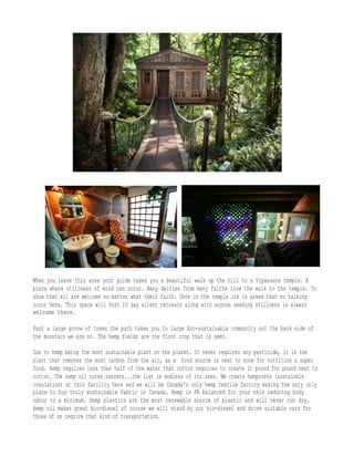 When you leave this area your guide takes you a beautiful walk up the hill to a Vipassana temple. A
place where stillness of mind can occur. Many deities from many faiths line the walk to the temple. To
show that all are welcome no matter what their faith. Once in the temple its is asked that no talking
occur here. This space will host 10 day silent retreats along with anyone seeking stillness is always
welcome there.
Past a large grove of trees the path takes you to large Eco-sustainable community out the back side of
the mountain we are on. The hemp fields are the first crop that is seen.
Due to hemp being the most sustainable plant on the planet. It never requires any pesticide, it is the
plant that removes the most carbon from the air, as a food source is next to none for nutrition a super
food. Hemp requires less than half of the water that cotton requires to create it pound for pound next to
cotton. The hemp oil cures cancers...the list is endless of its uses. We create hempcrete (sustainble
insulation) at this facility here and we will be Canada's only hemp textile factory making the only only
place to buy truly sustainable fabric in Canada. Hemp is PH balanced for your skin reducing body
odour to a minimum. Hemp plastics are the most renewable source of plastic and will never run dry.
Hemp oil makes great bio-diesel of course we will stand by our bio-diesel and drive suitable cars for
those of us require that kind of transportation.
 