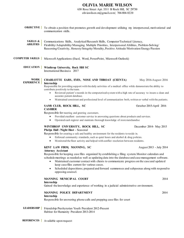 Olivia Marie Wilson Resume 2016 - Olivia Marie Wilson Resume 2016 1 638 