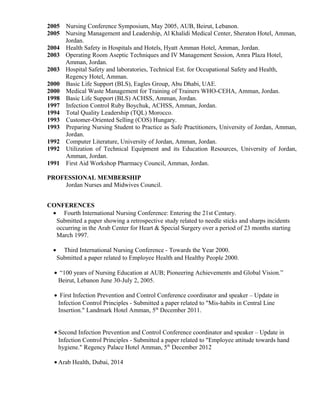 2005 Nursing Conference Symposium, May 2005, AUB, Beirut, Lebanon.
2005 Nursing Management and Leadership, Al Khalidi Medical Center, Sheraton Hotel, Amman,
Jordan.
2004 Health Safety in Hospitals and Hotels, Hyatt Amman Hotel, Amman, Jordan.
2003 Operating Room Aseptic Techniques and IV Management Session, Amra Plaza Hotel,
Amman, Jordan.
2003 Hospital Safety and laboratories, Technical Est. for Occupational Safety and Health,
Regency Hotel, Amman.
2000 Basic Life Support (BLS), Eagles Group, Abu Dhabi, UAE.
2000 Medical Waste Management for Training of Trainers WHO-CEHA, Amman, Jordan.
1998 Basic Life Support (BLS) ACHSS, Amman, Jordan.
1997 Infection Control Ruby Boychuk, ACHSS, Amman, Jordan.
1994 Total Quality Leadership (TQL) Morocco.
1993 Customer-Oriented Selling (COS) Hungary.
1993 Preparing Nursing Student to Practice as Safe Practitioners, University of Jordan, Amman,
Jordan.
1992 Computer Literature, University of Jordan, Amman, Jordan.
1992 Utilization of Technical Equipment and its Education Resources, University of Jordan,
Amman, Jordan.
1991 First Aid Workshop Pharmacy Council, Amman, Jordan.
PROFESSIONAL MEMBERSHIP
Jordan Nurses and Midwives Council.
CONFERENCES
• Fourth International Nursing Conference: Entering the 21st Century.
Submitted a paper showing a retrospective study related to needle sticks and sharps incidents
occurring in the Arab Center for Heart & Special Surgery over a period of 23 months starting
March 1997.
• Third International Nursing Conference - Towards the Year 2000.
Submitted a paper related to Employee Health and Healthy People 2000.
• “100 years of Nursing Education at AUB; Pioneering Achievements and Global Vision.”
Beirut, Lebanon June 30-July 2, 2005.
• First Infection Prevention and Control Conference coordinator and speaker – Update in
Infection Control Principles - Submitted a paper related to "Mis-habits in Central Line
Insertion." Landmark Hotel Amman, 5th
December 2011.
• Second Infection Prevention and Control Conference coordinator and speaker – Update in
Infection Control Principles - Submitted a paper related to "Employee attitude towards hand
hygiene." Regency Palace Hotel Amman, 5th
December 2012
• Arab Health, Dubai, 2014
 