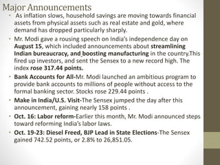 MajorAnnouncements
• As inflation slows, household savings are moving towards financial
assets from physical assets such as real estate and gold, where
demand has dropped particularly sharply.
• Mr. Modi gave a rousing speech on India’s independence day on
August 15, which included announcements about streamlining
Indian bureaucracy, and boosting manufacturing in the country.This
fired up investors, and sent the Sensex to a new record high. The
index rose 317.44 points.
• Bank Accounts for All-Mr. Modi launched an ambitious program to
provide bank accounts to millions of people without access to the
formal banking sector. Stocks rose 229.44 points .
• Make in India/U.S. Visit-The Sensex jumped the day after this
announcement, gaining nearly 158 points .
• Oct. 16: Labor reform-Earlier this month, Mr. Modi announced steps
toward reforming India’s labor laws.
• Oct. 19-23: Diesel Freed, BJP Lead in State Elections-The Sensex
gained 742.52 points, or 2.8% to 26,851.05.
 