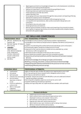o Applyingpersonal technical knowledgeand experience to the development and delivery
of technical trainingfor graduateengineers.
o Setting out Projectworks in accordancewith Drawings & Specification.
o Producingand processingfinancial measurements.
o Preparingenquiry and order documents.
o Supporting tender bids.
o Encouragingcontinuous improvement through the measurement and reporting of the key
o Operational aspects to senior management.
o Providingspecialistdirection on unusual or difficultengineeringissues.
o Liaisingwith clientrepresentatives, other professionalswithin design teams and
contractors’
o Carryingout sitevisits and surveys.
o Orderingmachinery and materials.
o Monitoringenvironmental protection measures & reporting of any hazards/incidents.
o Ensuringthat all engineeringactivities arecorrectly coasted and the complete design is
delivered to the agreed budget.
KEY SKILLS AND COMPETENCIES
PROFESSIONAL SKILLS CIVIL ENGINEERING ATTRIBUTES.
 Affiliate memberSociety Of
Engineer UAE.
 Resisted Engineer Of Dubai
Municipality.
 Languages:
English:Excellent.
Urdu: National Language.
Hindi: Understand.
Pashtoo: Understand.
Punjabi: Understand.
Persian: Good.
 MS Office
 Knowledge of contract technical specificationsand their implementation.
 Knowledge of Local Authority Design Guides for Highways, Residential and Commercial
Projects.
 Superb critical thinkingskillsand the ability to evaluate designs,plans and projects..
 Promoting the highest standards of safety onsite at all times.
 Experience of the road maintenance related services undertaken e.g. winter
maintenance, traffic management etc.
 Well Experienced on Designed reinforced concrete structures.
 Assessingthe environmental impactand risks connected to projects.
 Awarenessof contractconditionsandthe importance of contractsinproject
delivery.
 Detailedknowledge of civil designprinciplesandstandards.
Drafting,surveying,calculation,analysisandmeasurementknowledge.
 NegotiatingwithStatutoryAuthoritiesforthe provisionof mainservices.
 Identifyingefficiencyandcostsavings.
PERSONAL SKILLS PROFESSIONAL ATTRIBUTES.
 Inventiveness
 Disciplined
 Self-motivated
 Interpersonal sensitivity
 Persuasiveness
Awareness of ethical
issues
 Practical,methodical,
and accurate
 Able to make good
judgments.
 Creativity Surveyors
 Able to check the work of others & supervise less experienced or junior staff.
 Pricing, quoting and resourcing work within delegated authority levels.
 Writing accurate technical reports.
 Computer literate and conversant with MS Office suite and understand relevant
Engineering Software packages.
 Assisting with competency appraisal processes for junior staff.
 Capable of defining and leading assignments.
 Always willing to help other less experienced team members with workloads.
Personal attributes
 Supporting any procurement processes.
 Good communication, planning and organizational skills.
 Developed numeracy and computer literacy skills.
 Self-motivator and the ability to motivate others.
 Keeping up to date with industry best practice.
 Able to work on your own initiative as well as being a team player.
 Ability to motivate multidisciplinary teams.
 Knowledge and understanding of construction management.
 