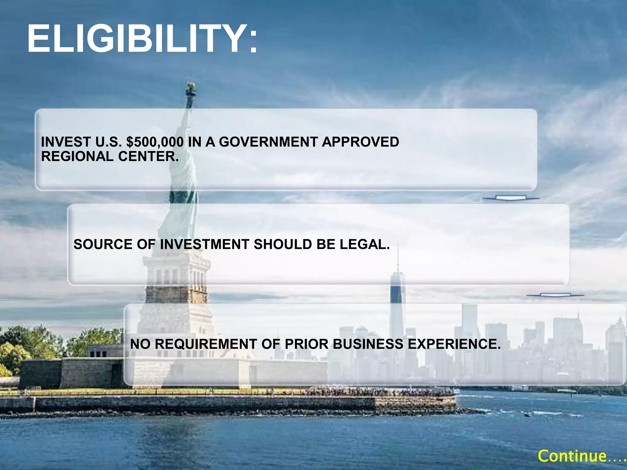 ELIGIBILITY:
INVEST U.S. $500,000 IN A GOVERNMENT APPROVED
REGIONAL CENTER.
SOURCE OF INVESTMENT SHOULD BE LEGAL.
NO REQUIREMENT OF PRIOR BUSINESS EXPERIENCE.
Continue….
 