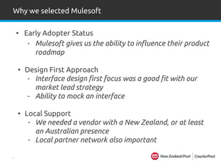11
• Early Adopter Status
- Mulesoft gives us the ability to influence their product
roadmap
• Design First Approach
- Interface design first focus was a good fit with our
market lead strategy
- Ability to mock an interface
• Local Support
- We needed a vendor with a New Zealand, or at least
an Australian presence
- Local partner network also important
Why we selected Mulesoft
 