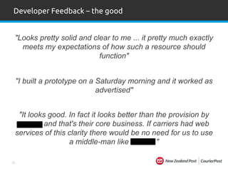 20
"Looks pretty solid and clear to me ... it pretty much exactly
meets my expectations of how such a resource should
function"
Developer Feedback – the good
"I built a prototype on a Saturday morning and it worked as
advertised"
"It looks good. In fact it looks better than the provision by
xxxxxx and that's their core business. If carriers had web
services of this clarity there would be no need for us to use
a middle-man like ."
 