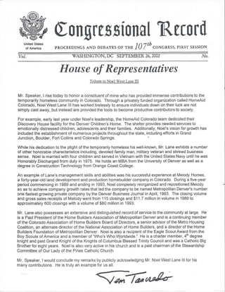 Tribute Congressional Record 107th US Congress