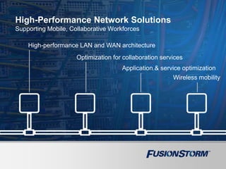High-Performance Network Solutions
Supporting Mobile, Collaborative Workforces
High-performance LAN and WAN architecture
Optimization for collaboration services
Application & service optimization
Wireless mobility
 