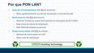 Por que PON LAN?
• Custo de manutenção baixo: Até 70% de economia
– Reduz significativamente os custos de manutenção e custo total da rede
• Baixo consumo: Até 80% de economia
– Menos de 10 watts por usuário final (levando em conta gastos de OLT e ONU)
– Exige menos do sistema de refrigeração
– Rede ODN toda baseada em passivos
• Ocupa menos espaço: Até 90% de redução
– Necessita de menos espaço em racks
– Menor custo de implantação
GREEN Building Technology
 