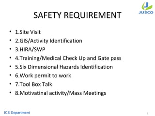 1ICS Department
SAFETY REQUIREMENT
• 1.Site Visit
• 2.GIS/Activity Identification
• 3.HIRA/SWP
• 4.Training/Medical Check Up and Gate pass
• 5.Six Dimensional Hazards Identification
• 6.Work permit to work
• 7.Tool Box Talk
• 8.Motivatinal activity/Mass Meetings
 