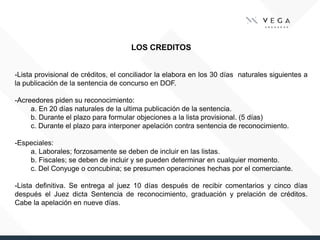 LOS CREDITOS
-Lista provisional de créditos, el conciliador la elabora en los 30 días naturales siguientes a
la publicación de la sentencia de concurso en DOF.
-Acreedores piden su reconocimiento:
a. En 20 días naturales de la ultima publicación de la sentencia.
b. Durante el plazo para formular objeciones a la lista provisional. (5 días)
c. Durante el plazo para interponer apelación contra sentencia de reconocimiento.
-Especiales:
a. Laborales; forzosamente se deben de incluir en las listas.
b. Fiscales; se deben de incluir y se pueden determinar en cualquier momento.
c. Del Conyuge o concubina; se presumen operaciones hechas por el comerciante.
-Lista definitiva. Se entrega al juez 10 días después de recibir comentarios y cinco días
después el Juez dicta Sentencia de reconocimiento, graduación y prelación de créditos.
Cabe la apelación en nueve días.
 
