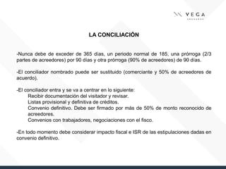 LA CONCILIACIÓN
-Nunca debe de exceder de 365 días, un periodo normal de 185, una prórroga (2/3
partes de acreedores) por 90 días y otra prórroga (90% de acreedores) de 90 días.
-El conciliador nombrado puede ser sustituido (comerciante y 50% de acreedores de
acuerdo).
-El conciliador entra y se va a centrar en lo siguiente:
Recibir documentación del visitador y revisar.
Listas provisional y definitiva de créditos.
Convenio definitivo. Debe ser firmado por más de 50% de monto reconocido de
acreedores.
Convenios con trabajadores, negociaciones con el fisco.
-En todo momento debe considerar impacto fiscal e ISR de las estipulaciones dadas en
convenio definitivo.
 