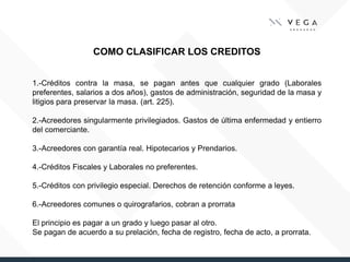 COMO CLASIFICAR LOS CREDITOS
1.-Créditos contra la masa, se pagan antes que cualquier grado (Laborales
preferentes, salarios a dos años), gastos de administración, seguridad de la masa y
litigios para preservar la masa. (art. 225).
2.-Acreedores singularmente privilegiados. Gastos de última enfermedad y entierro
del comerciante.
3.-Acreedores con garantía real. Hipotecarios y Prendarios.
4.-Créditos Fiscales y Laborales no preferentes.
5.-Créditos con privilegio especial. Derechos de retención conforme a leyes.
6.-Acreedores comunes o quirografarios, cobran a prorrata
El principio es pagar a un grado y luego pasar al otro.
Se pagan de acuerdo a su prelación, fecha de registro, fecha de acto, a prorrata.
 