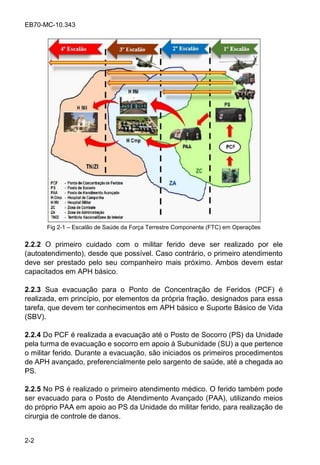 EB70-MC-10.343
2-2
Fig 2-1 Escalão de Saúde da Força Terrestre Componente (FTC) em Operações
2.2.2 O primeiro cuidado com o militar ferido deve ser realizado por ele
(autoatendimento), desde que possível. Caso contrário, o primeiro atendimento
deve ser prestado pelo seu companheiro mais próximo. Ambos devem estar
capacitados em APH básico.
2.2.3 Sua evacuação para o Ponto de Concentração de Feridos (PCF) é
realizada, em princípio, por elementos da própria fração, designados para essa
tarefa, que devem ter conhecimentos em APH básico e Suporte Básico de Vida
(SBV).
2.2.4 Do PCF é realizada a evacuação até o Posto de Socorro (PS) da Unidade
pela turma de evacuação e socorro em apoio à Subunidade (SU) a que pertence
o militar ferido. Durante a evacuação, são iniciados os primeiros procedimentos
de APH avançado, preferencialmente pelo sargento de saúde, até a chegada ao
PS.
2.2.5 No PS é realizado o primeiro atendimento médico. O ferido também pode
ser evacuado para o Posto de Atendimento Avançado (PAA), utilizando meios
do próprio PAA em apoio ao PS da Unidade do militar ferido, para realização de
cirurgia de controle de danos.
 