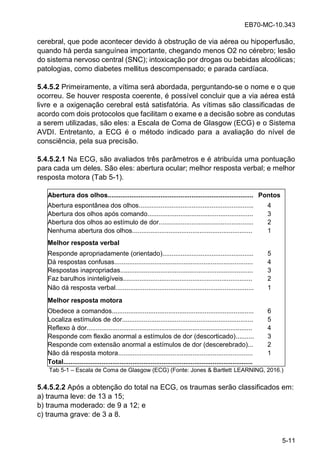 EB70-MC-10.343
5-11
cerebral, que pode acontecer devido à obstrução de via aérea ou hipoperfusão,
quando há perda sanguínea importante, chegando menos O2 no cérebro; lesão
do sistema nervoso central (SNC); intoxicação por drogas ou bebidas alcoólicas;
patologias, como diabetes mellitus descompensado; e parada cardíaca.
5.4.5.2 Primeiramente, a vítima será abordada, perguntando-se o nome e o que
ocorreu. Se houver resposta coerente, é possível concluir que a via aérea está
livre e a oxigenação cerebral está satisfatória. As vítimas são classificadas de
acordo com dois protocolos que facilitam o exame e a decisão sobre as condutas
a serem utilizadas, são eles: a Escala de Coma de Glasgow (ECG) e o Sistema
AVDI. Entretanto, a ECG é o método indicado para a avaliação do nível de
consciência, pela sua precisão.
5.4.5.2.1 Na ECG, são avaliados três parâmetros e é atribuída uma pontuação
para cada um deles. São eles: abertura ocular; melhor resposta verbal; e melhor
resposta motora (Tab 5-1).
Abertura dos olhos................................................................................ Pontos
Abertura espontânea dos olhos............................................................... 4
Abertura dos olhos após comando.......................................................... 3
Abertura dos olhos ao estímulo de dor.................................................... 2
Nenhuma abertura dos olhos.................................................................. 1
Melhor resposta verbal
Responde apropriadamente (orientado).................................................. 5
Dá respostas confusas............................................................................ 4
Respostas inapropriadas......................................................................... 3
Faz barulhos ininteligíveis....................................................................... 2
Não dá resposta verbal............................................................................ 1
Melhor resposta motora
Obedece a comandos.............................................................................. 6
Localiza estímulos de dor........................................................................ 5
Reflexo à dor........................................................................................... 4
Responde com flexão anormal a estímulos de dor (descorticado).......... 3
Responde com extensão anormal a estímulos de dor (descerebrado)... 2
Não dá resposta motora.......................................................................... 1
Total........................................................................................................
Tab 5-1 Escala de Coma de Glasgow (ECG) (Fonte: Jones & Bartlett LEARNING, 2016.)
5.4.5.2.2 Após a obtenção do total na ECG, os traumas serão classificados em:
a) trauma leve: de 13 a 15;
b) trauma moderado: de 9 a 12; e
c) trauma grave: de 3 a 8.
 