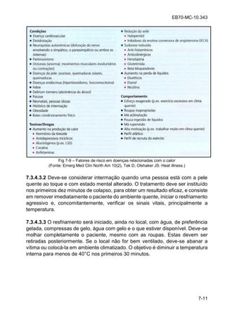 EB70-MC-10.343
7-11
Fig 7-9 Fatores de risco em doenças relacionadas com o calor
(Fonte: Emerg Med Clin North Am 10(2), Tek D, Olshaker JS: Heat illness.)
7.3.4.3.2 Deve-se considerar intermação quando uma pessoa está com a pele
quente ao toque e com estado mental alterado. O tratamento deve ser instituído
nos primeiros dez minutos de colapso, para obter um resultado eficaz, e consiste
em remover imediatamente o paciente do ambiente quente, iniciar o resfriamento
agressivo e, concomitantemente, verificar os sinais vitais, principalmente a
temperatura.
7.3.4.3.3 O resfriamento será iniciado, ainda no local, com água, de preferência
gelada, compressas de gelo, água com gelo e o que estiver disponível. Deve-se
molhar completamente o paciente, mesmo com as roupas. Estas devem ser
retiradas posteriormente. Se o local não for bem ventilado, deve-se abanar a
vítima ou colocá-la em ambiente climatizado. O objetivo é diminuir a temperatura
interna para menos de 40°C nos primeiros 30 minutos.
 