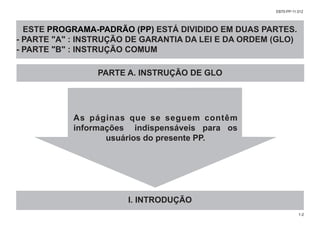 As páginas que se seguem contêm
informações indispensáveis para os
usuários do presente PP.
I. INTRODUÇÃO
PARTE A. INSTRUÇÃO DE GLO
EB70-PP-11.012
1-2
ESTE PROGRAMA-PADRÃO (PP) ESTÁ DIVIDIDO EM DUAS PARTES.
- PARTE "A" : INSTRUÇÃO DE GARANTIA DA LEI E DA ORDEM (GLO)
- PARTE "B" : INSTRUÇÃO COMUM
 
