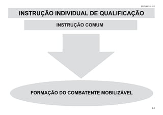 EB70-PP-11.012
8-2
INSTRUÇÃO INDIVIDUAL DE QUALIFICAÇÃO
FORMAÇÃO DO COMBATENTE MOBILIZÁVEL
INSTRUÇÃO COMUM
INSTRUÇÃO INDIVIDUAL DE QUALIFICAÇÃO
FORMAÇÃO DO COMBATENTE MOBILIZÁVEL
INSTRUÇÃO COMUM
 