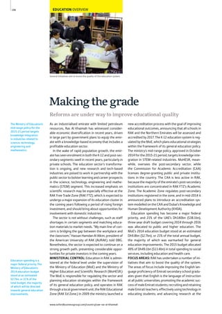 www.oxfordbusinessgroup.com/country/uae-ras-al-khaimah
106
Several initiatives aim to boost the quality of the education system
Education spending is a
major federal priority. The
Ministry of Education’s
2014 education budget
stood at an estimated
$2.7bn, or 21% of the
total budget, the majority
of which will be directed
towards general education
improvements.
The Ministry of Education’s
mid-range policy for the
2015-21 period targets
knowledge integration
in industries related to
science, technology,
engineering and
mathematics.
EDUCATION OVERVIEW
Making the grade
Reforms are under way to improve educational quality
As an industrialised emirate with limited petroleum
resources, Ras Al Khaimah has witnessed consider-
able economic diversification in recent years, driven
in large part by government plans to equip the emir-
ate with a knowledge-based economy that includes a
profitable education sector.
In the wake of rapid population growth, the emir-
ate has seenenrolment inboththe K-12and post-sec-
ondary segments swell in recent years, particularly in
private schools. The education sector’s transforma-
tion is ongoing, and new research and tech-based
industries are poised to work in partnership with the
publicsectortobolsterlearningandcareerprospects
in the science, technology, engineering and mathe-
matics (STEM) segment. This increased emphasis on
scientific research may be especially effective at the
RAK Free Trade Zone (RAK FTZ), which is expected to
undergo a major expansion of its education cluster in
the coming years following a period of rising foreign
investment, and should bring about opportunities for
involvement with domestic industries.
The sector is not without challenges, such as staff
shortages in certain segments and matching educa-
tion materials to market needs. “My main line of con-
cern is bridging the gap between the workplace and
theclassroom,”HassanHamdanAlAlkim,presidentof
the American University of RAK (AURAK), told OBG.
Nonetheless, the sector is expected to continue on a
strong growth path, presenting considerable oppor-
tunities for private investors in the coming years.
MINISTERIAL CONTROL: Education in RAK is admin-
istered at the federal level under the supervision of
the Ministry of Education (MoE) and the Ministry of
Higher Education and Scientific Research (MoHESR.)
The MoE is responsible for regulating the sector and
planning education strategies within the framework
of its general education policy, and operates in RAK
throughalocalgovernmentunit,theRAKEducational
Zone (RAK Ed Zone.) In 2009 the ministry launched a
new accreditation process with the goal of improving
educational outcomes, announcing that all schools in
RAK and the Northern Emirates will be assessed and
accredited by 2017. The K-12 education system is reg-
ulatedbytheMoE,whichplanseducationalstrategies
within the framework of its general education policy.
The ministry’s mid-range policy, approved in October
2014 for the 2015-21 period, targets knowledge inte-
gration in STEM-related industries. MoHESR, mean-
while, oversees the post-secondary sector, while
the Commission for Academic Accreditation (CAA)
licenses degree-granting public and private institu-
tions in the country. The CAA is less active in RAK,
because the majority of the emirate’s post-secondary
institutions are concentrated in RAK FTZ’s Academic
Zone. The Academic Zone regulates post-secondary
institutions registered in the zone, and in mid-2014 it
announced plans to introduce an accreditation sys-
tem modelled on the CAA and Dubai’s Knowledge and
Human Development Authority (KHDA).
Education spending has become a major federal
priority, and 21% of the UAE’s Dh140bn ($38.1bn),
three-year draft budget covering 2014 through 2016
was allocated to public and higher education. The
MoE’s 2014 education budget stood at an estimated
Dh9.8bn ($2.7bn), or 21% of the total annual budget,
the majority of which was earmarked for general
education improvements. The 2015 budget allocated
49% of Dh49.1bn ($13.4bn) in total spending to social
services, including education and health care.
FOCUS AREAS: RAK has undertaken a number of ini-
tiatives that aim to boost the quality of the system.
The areas of focus include improving the English lan-
guage proficiency of Emirati secondary school gradu-
ates given that English is the language of instruction
at all public universities; promoting the academic suc-
cessofmaleEmiratistudents;recruitingandretaining
male Emirati teachers; effectively using technology in
educating students; and advancing research at the
 