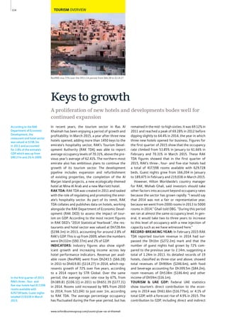 www.oxfordbusinessgroup.com/country/uae-ras-al-khaimah
114
In the ﬁrst quarter of 2015
RAK’s three-, four- and
ﬁve-star hotels had 417,598
rooms available with
629,728 beds. Guest nights
totalled 219,038 in March
2015.
According to the RAK
Department of Economic
Development, the
restaurant and hotel sector
was valued at $198.3m
in 2013 and accounted
for 2.8% of the emirate’s
GDP, which was up from
$90.37m and 2% in 2009.
RevPAR rose 72% over the 2011-14 period, from $66.28 to $114.27
TOURISM OVERVIEW
In recent years, the tourism sector in Ras Al
Khaimah has been enjoying a period of growth and
profitability. In March 2015, a year after three new
hotels opened, adding more than 1450 keys to the
emirate’s hospitality sector, RAK’s Tourism Devel-
opment Authority (RAK TDA) was able to report
average occupancy levels of 70.31%, above the pre-
vious year’s average of 62.41%. The northern-most
emirate also has ambitious plans to continue the
growth of its tourism sector. The development
pipeline includes expansion and refurbishment
of existing properties, the completion of the Al
Marjan Island projects, a new ecologically-themed
hotel at Mina Al Arab and a new Marriott hotel.
RAK TDA: RAK TDA was created in 2011 and tasked
with the role of regulating and promoting the emir-
ate’s hospitality sector. As part of its remit, RAK
TDA collates and publishes data on hotels, working
alongside the RAK Department of Economic Devel-
opment (RAK DED) to assess the impact of tour-
ism on GDP. According to the most recent figures
in RAK DED’s “2014 Statistical Yearbook”, the res-
taurants and hotel sector was valued at Dh728.4m
($198.3m) in 2013, accounting for around 2.8% of
RAK’s GDP. This is up from 2009, when the numbers
were Dh332m ($90.37m) and 2% of GDP.
INDICATORS: Industry figures also show signif-
icant growth and increasing income across key
hotel performance indicators. Revenue per avail-
able room (RevPAR) went from Dh243.5 ($66.28)
in 2011 to Dh419.81 ($114.27) in 2014, which rep-
resents growth of 72% over five years, according
to a 2014 report by STR Global. Over the same
period, the average room rate rose by 67%, from
Dh389.81 ($106.11) in 2011 to Dh651.39 ($177.31)
in 2014. Rooms sold increased by 98% from 2010
to 2014, from 521,041 to just over 1m, according
to RAK TDA. The average percentage occupancy
has fluctuated during the five-year period, but has
remained in the mid- to high sixties. It was 69.12% in
2011 and reached a peak of 69.28% in 2012 before
dipping slightly to 64.4% in 2014, the year in which
three new hotels opened for business. Figures for
the first quarter of 2015 show that the occupancy
rate climbed from 53.85% in January to 61.66% in
February and 70.31% in March 2015. These RAK
TDA figures showed that in the first quarter of
2015, RAK’s three-, four- and five-star hotels had
a total of 417,598 rooms available with 629,728
beds. Guest nights grew from 166,204 in January
to 189,475 in February and 219,038 in March 2015.
However, Hilton Worldwide’s country manager
for RAK, Mohab Ghali, said investors should take
other factors into account beyond occupancy rates
because the sector has grown rapidly. “I would say
that 2014 was not a fair or representative year,
because we went from 2000 rooms in 2013 to 5000
rooms in 2014,” Ghali told OBG. “During this period
we ran at almost the same occupancy level. In gen-
eral, it would take two to three years to increase
to this level of occupancy with a new injection of
capacity such as we have witnessed here.”
RECORD-BREAKING YEAR: In February 2015 RAK
TDA reported tourism revenue in 2014 had sur-
passed the Dh1bn ($272.2m) mark and that the
number of guest nights had grown by 72% com-
pared to the previous year to 2.14m, suggesting a
total of 1.24m in 2013. Its detailed records of 19
hotels, classified as three-star and above, showed
total revenues of Dh906m ($246.6m), with food
and beverage accounting for Dh309.5m ($84.2m),
room revenues of Dh538m ($146.4m) and other
income of Dh59m ($16.1m).
TOURISM & UAE GDP: Federal UAE statistics
show tourism’s direct contribution to the econ-
omy in 2014 was Dh61.6bn ($16.77bn), or 4.1% of
total GDP, with a forecast rise of 4.9% in 2015. The
contribution to GDP, including direct and indirect
A proliferation of new hotels and developments bodes well for
continued expansion
Keys to growth
 