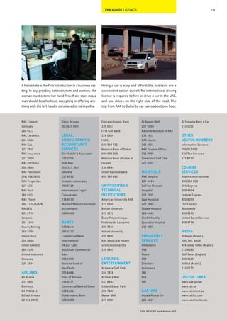 135
THE REPORT Ras Al Khaimah 2015
THE GUIDE LISTINGS
Hiring a car is easy and affordable, but taxis are a
convenient option as well. No international driving
licence is required to hire or drive a car in the UAE,
and one drives on the right side of the road. The
trip from RAK to Dubai by car takes about one hour.
A handshake isthe first introductionina businessset-
ting. In any greeting between men and women, the
woman must extend her hand first. If she does not, a
man should bow his head. Accepting or offering any-
thing with the left hand is considered to be impolite.
RAK Cement
Company
266 0111
RAK Ceramics
244 5046
RAK Gas
227 7555
RAK Insurance
227 3000
RAK Offshore
206 8666
RAK Petroleum
(04) 308 3800
RAK Properties
227 4333
RAK Rock
266 8251
RAK Therm
244 7124/5/6/8
RAKEEN
243 2724
Ceramin
243 3360
Quarry Mining
268 9799
Stevin Rock
258 8666
Union Cement
266 8166
United Insurance
Company
235 1584
AIRLINES
Air Arabia
233 9892
Emirates
04 708 1111
Etihad Airways
02 511 0000
Qatar Airways
(02) 621 0007
LEGAL,
CONSULTANCY &
ACCOUNTANCY
SERVICES
Bin Shabibi & Associates
227 3106
AGN Mak
(04) 227 3667
Deloitte
227 8892
Emirates Advocates
204 6719
International Legal
Consultants
236 4530
Morison Menon Chartered
Accountants
204 6400
BANKS
RAK Bank
206 2222
Commercial Bank
International
04 222 5265
Abu Dhabi Commercial
Bank
205 1700
National Bank of
Abu Dhabi
205 6666
Bank of Baroda
226 9377
Commercial Bank of Dubai
228 6266
Dubai Islamic Bank
228 4888
Emirates Islamic Bank
226 0363
First Gulf Bank
228 0664
HSBC
600 554 722
National Bank of Dubai
600 540 000
National Bank of Umm Al
Quwain
236 6444
Union National Bank
600 566 665
UNIVERSITIES &
TECHNICAL
INSTITUTIONS
American University RAK
221 0500
Bolton University
221 1221
École Polytechnique
Fédérale de Lausanne
206 9666
Ittihad University
205 9999
RAK Medical & Health
Sciences University
226 9995
LEISURE &
ENTERTAINMENT
Al Hamra Golf Club
244 7474
Al Hamra Mall
243 4444
Iceland Water Park
206 7888
Manar Mall
227 0000
Al Naeem Mall
227 5000
National Museum of RAK
233 3411
RAK Events
243 4561
RAK Tourism Office
233 8998
Towerlinks Golf Club
227 8555
HOSPITALS
RAK Hospital
207 4444
Saif bin Shubash
Hospital
222 3555
Saqr Hospital
222 3666
Shaam Hospital
266 6465
Sheikh Khalifa
Specialist Hospital
235 3955
EMERGENCY
SERVICES
Ambulance
998
Police
999
Directory
Assistance
181
Fire
997
CAR HIRE
Impala Rent a Car
226 4227
Al Yamama Rent a Car
233 3221
OTHER
USEFUL NUMBERS
Information Services
700 017 000
RAK Taxi Services
227 8777
COURIER
SERVICES
Aramex International
600 544 000
DHL Express
800 4004
Federal Express
800 4050
TNT Express
Worldwide
800 4333
United Parcel Service
800 4774
MEDIA
Al Bayan (Arabic)
(04) 344 4400
Al Khaleej Times (Arabic)
233 4380
Gulf News (English)
800 4125
Ittihad (Arabic)
233 2277
USEFUL LINKS
www.uae.gov.ae
www.rak.ae
www.rakinvest.ae
www.rakftz.com
www.rakchamber.ae
 