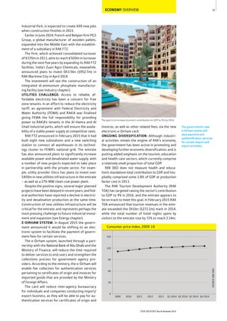 31
THE REPORT Ras Al Khaimah 2015
The government’s new
e-Dirham system will
ease payment and
authentiﬁcation services
for certain import and
export activities.
ECONOMY OVERVIEW
The goal is to increase tourism’s contribution to GDP to 9% by 2016
invoices, as well as other related fees, via the new
electronic e-Dirham card.
ONGOING DIVERSIFICATION: Although industri-
al activities remain the engine of RAK’s economy,
the government has been active in promoting and
developing further economic diversification, and is
putting added emphasis on the tourism, education
and health care sectors, which currently comprise
a relatively small proportion of total GDP.
RAK DED does not measure health and educa-
tion’s standalone total contribution to GDP, and hos-
pitality comprised some 2.8% of GDP at production
factor cost in 2013.
The RAK Tourism Development Authority (RAK
TDA) has targeted raising the sector’s contribution
to GDP to 9% in 2016, and the emirate appears to
be on track to meet this goal. In February 2015 RAK
TDA announced that tourism revenues in the emir-
ate exceeded the Dh1bn ($272.2m) mark in 2014,
while the total number of hotel nights spent by
visitors to the emirate rose by 72% to reach 2.14m.
Industrial Park, is expected to create 600 new jobs
when construction finishes in 2015.
Earlier in June 2014, French and Belgian firm PGS
Group, a global manufacturer of wooden pallets,
expanded into the Middle East with the establish-
ment of a subsidiary in RAK FTZ.
The firm, which achieved consolidated turnover
of €170m in 2013, aims to reach €500m in turnover
during the next five years by expanding its RAK FTZ
facilities. India’s Zuari Agro Chemicals, meanwhile,
announced plans to invest Dh3.5bn ($952.7m) in
RAK Maritime City in April 2014.
The investment will see the construction of an
integrated di-ammonium phosphate manufactur-
ing facility (see Industry chapter).
UTILITIES CHALLENGE: Access to reliable, af-
fordable electricity has been a concern for free
zone tenants. In an effort to reduce the electricity
tariff, an agreement with Federal Electricity and
Water Authority (FEWA) and RAKIA was finalised
giving FEWA the full responsibility for providing
power to RAKIA’s tenants in the Al Hamra and Al
Ghail industrial parks, which will ensure the availa-
bility of a stable power supply at competitive rates.
RAK FTZ announced in February 2015 that it had
built eight new substations and a new switching
station to connect all warehouses in its technol-
ogy cluster to FEWA’s national grid. The emirate
has also announced plans to significantly increase
available power and desalinated water supply, with
a number of new projects expected to take place
in partnership with the private sector. For exam-
ple, utility provider Utico has plans to invest over
$450m in new utilities infrastructure in the emirate
– as well as a 270-MW clean coal power plant.
Despite the positive signs, several major planned
projectshave been delayed in recentyears,and fed-
eral authorities have reported a decline in electric-
ity and desalination production at the same time.
Construction of new utilities infrastructure will be
critical for the emirate, and represents perhaps the
most pressing challenge to future industrial invest-
ment and expansion (see Energy chapter).
E-DIRHAM SYSTEM: In August 2015 the govern-
ment announced it would be shifting to an elec-
tronic system to facilitate the payment of govern-
ment fees for certain services.
The e-Dirham system, launched through a part-
nership with the National Bank of Abu Dhabi and the
Ministry of Finance, will reduce the time required
to deliver services to end users and strengthen the
collections process for government agency pro-
viders. According to the ministry, the e-Dirham will
enable fee collection for authentication services
pertaining to certificates of origin and invoices for
imported goods that are provided by the Ministry
of Foreign Affairs.
The card will reduce inter-agency bureaucracy
for individuals and companies conducting import/
export business, as they will be able to pay for au-
thentication services for certificates of origin and
SOURCE:RAKDED
Consumer price index, 2009-14
0
30
60
90
120
150
Q4 2014Q3 2014Q2 2014Q1 201420132012201120102009
 