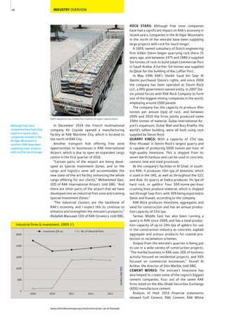 www.oxfordbusinessgroup.com/country/uae-ras-al-khaimah
48
Although free zone
companies have had a big
impact in recent years,
companies located in the
Al Hajar Mountains in
northern RAK have been
supplying major projects
with rock for much longer.
INDUSTRY OVERVIEW
RAK’s limestone has fuelled the creation of major cement ﬁrms
ROCK STARS: Although free zone companies
have had a significant impact on RAK’s economy in
recent years, companies in the Al Hajar Mountains
in the north of the emirate have been supplying
large projects with rock for much longer.
A 100% owned subsidiary of Dutch engineering
firm Volker Stevin began quarrying rock there 35
years ago, and between 1975 and 1980 it supplied
5m tonnes of rock to build Jubail Commercial Port
in Saudi Arabia. A further 5m tonnes was supplied
to Qatar for the building of Ras Laffan Port.
In May 1996 RAK’s Sheikh Saud bin Saqr Al
Qasimi purchased Stevin’s rights, and since 2004
the company has been operated as Stevin Rock
LLC, a 99% government-owned entity. In 2007 Ste-
vin joined forces with RAK Rock Company to form
one of the biggest mining companies in the world,
employing around 2500 people.
The company has the capacity to produce 45m
tonnes per annum (tpa) of rock, and between
2005 and 2010 the firms jointly produced some
250m tonnes of material. Dubai International Air-
port’s expansion, Dubai Mall and Burj Khalifa, the
world’s tallest building, were all built using rock
supplied by Stevin Rock.
QUARRY KINGS: With a capacity of 27m tpa,
Khor Khuwair is Stevin Rock’s largest quarry and
is capable of producing 5000 tonnes per hour of
high-quality limestone. This is shipped from its
seven-berth harbour and can be used in concrete,
cement, lime and steel processes.
At the company’s facilities in Al Ghail, in south-
ern RAK, it produces 10m tpa of dolomite, which
is used in the UAE, as well as throughout the GCC
and Asia. Its quarry at Kadra produces 7m tpa of
hard rock, or gabbro. Four 500-tonne-per-hour
crushing lines produce material, which is shipped
out through Saqr Port, with 30% being exported to
Qatar and Kuwait, according to the company.
RAK Rock produces limestone, aggregates and
sand for construction and has an annual produc-
tion capacity of 22m tpa.
Tarmac Middle East has also been running a
quarry in RAK since 2004, and has a total produc-
tion capacity of up to 10m tpa of gabbro for use
in the construction industry as concrete, asphalt
aggregate and armour products for coastal pro-
tection or reclamation schemes.
Output from the emirate’s quarries is being put
to use in a wide variety of construction projects.
“The marble business in RAK sees 30% of business
activity focused on residential projects, and 50%
focused on commercial businesses,” Yousef Al
Achkar, the director of Zein Marble, told OBG.
CEMENT WORKS: The emirate’s limestone has
also helped to create some of the region’s biggest
cement companies. Four out of the seven RAK
firms listed on the Abu Dhabi Securities Exchange
(ADX) manufacture cement.
Analysis of their 2014 financial statements
showed Gulf Cement, RAK Cement, RAK White
In December 2014 the French multinational
company Air Liquide opened a manufacturing
facility at RAK Maritime City, which is located to
the north of RAK City.
Another transport hub offering free zone
opportunities to businesses is RAK International
Airport, which is due to open an expanded cargo
centre in the first quarter of 2016.
“Certain parts of the airport are being devel-
oped as Special Investment Zones, and so the
cargo and logistics zone will accommodate the
new state-of-the-art facility, enhancing the whole
cargo offering for our clients,” Mohammed Qazi,
CEO of RAK International Airport, told OBG. “And
there are other parts of the airport that we have
developed into an industrial free zone and training
Special Investment Zones.”
“The industrial clusters are the backbone of
RAK’s economy, and I expect this to continue to
enhance and strengthen the emirate’s prospects,”
Abdallah Massaad, CEO of RAK Ceramics, told OBG.
SOURCE:RAKDED
Industrial ﬁrms & investment, 2009-13
0
800
1600
2400
3200
4000
No. of industrial ﬁrmsInvestment (Dh m)
20132012201120102009
 